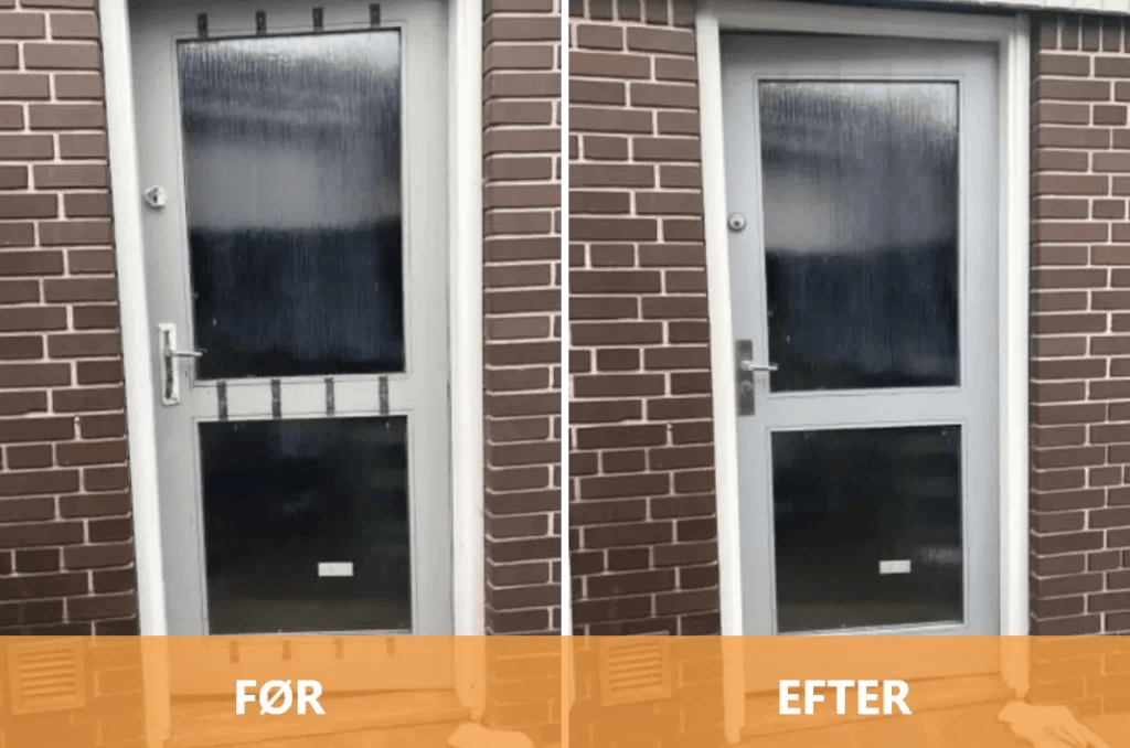 Før og efter billede af renoveret hoveddør