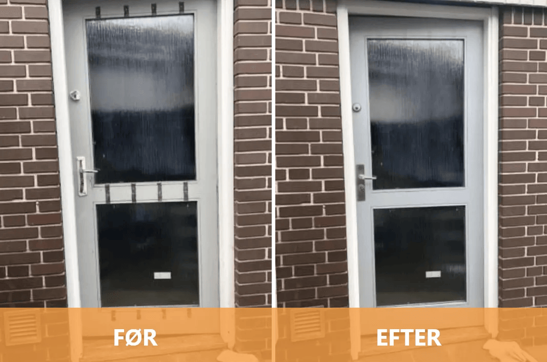 Før og efter billede af renoveret hoveddør